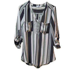 Ricki's Blouse, white with black and green stripes. Size 2.